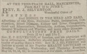 Advertisement for the Rev E J Silverton, 1884