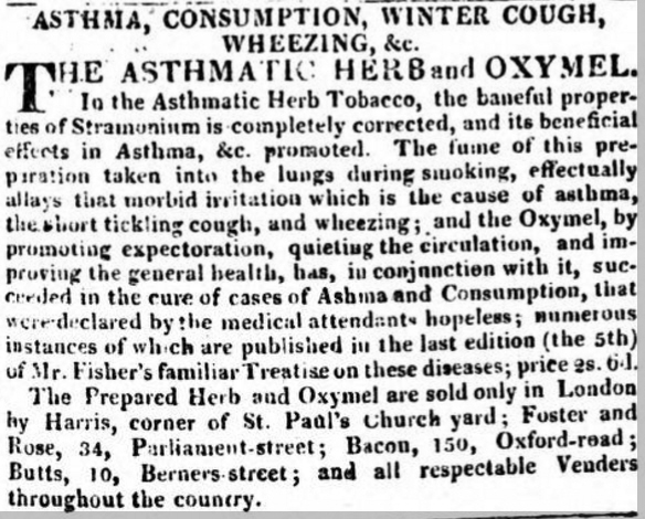 Fisher's Asthmatic Herb Tobacco, Advertisement in the The Globe (London), 14 Oct 1811 (British Newspaper Archive)