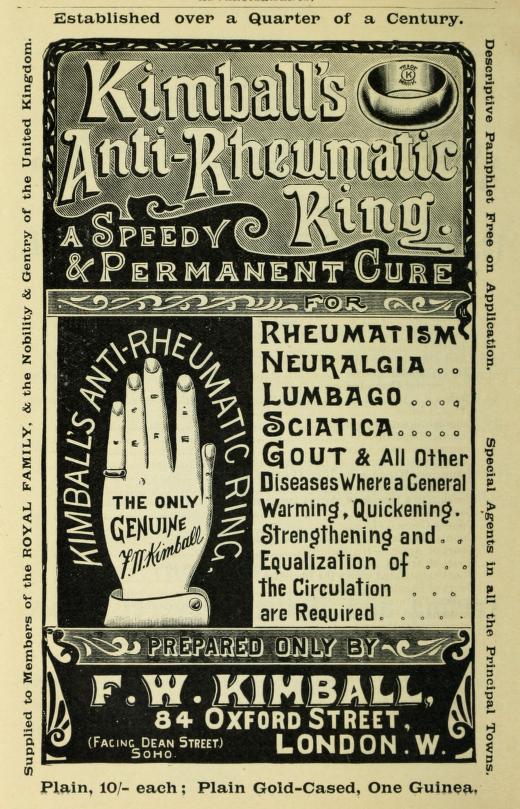 A full-page advertisement for Kimball's Anti-Rheumatic Ring, featuring trademark of a hand with a ting on the little finger, and a list of medical conditions.