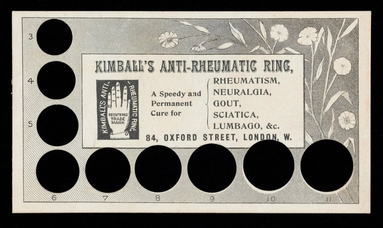 A card with 9 holes of various sizes for people to test what size ring they need. The background has a floral motif and a rectangle in the centre shows a trademark of a hand, and a lost of conditions the ring supposedly treats.