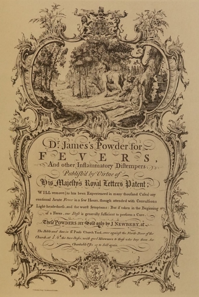 An ornate 18th-century trade card for Dr James's Powder for Fevers.