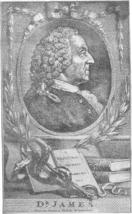 An 18th-century engraving showing a man's face in profile. He wears a peruke and a suit of the style of that time. Below his picture are three books - his Medicinal Dictionary - and a snake twining round a branch.