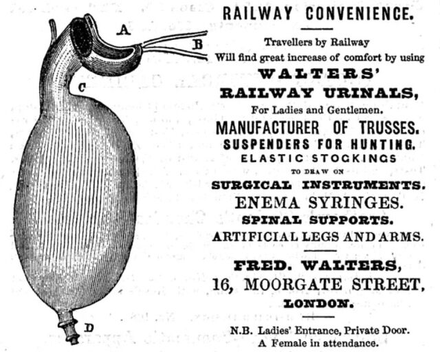 Without much in the way of public lavatories - especially for women - Victorian railway travellers could resort to a wearable rubber urinal like the one in this 1863 advert from F. Walters of Moorgate Street. 

There were different designs to fit males and females and they were also used for patients confined to bed or recovering from surgery. Keeping them clean could be tricky and one surgeon referred to them as ‘those putrid urine-bags’.

Find out more in my new article at 🔗thequackdoctor.substack.com (link in bio).

#victorianera #1860s #railwayhistory #histmed #vintageadvertising